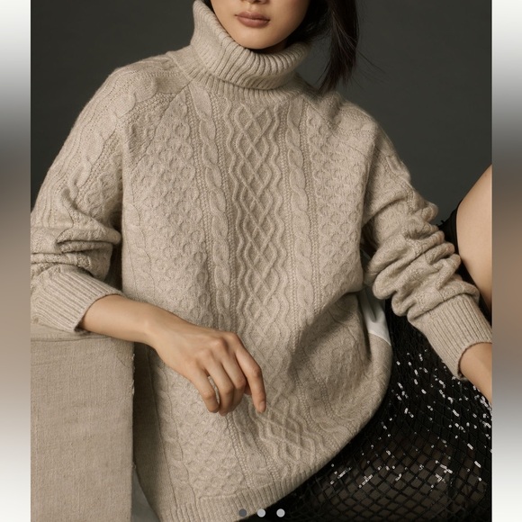 Anthropologie Mixed Media Turtleneck Cable Sweater - Picture 2 of 4